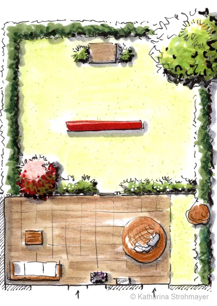 Zeichnung eines kleinen japanischen Gartens